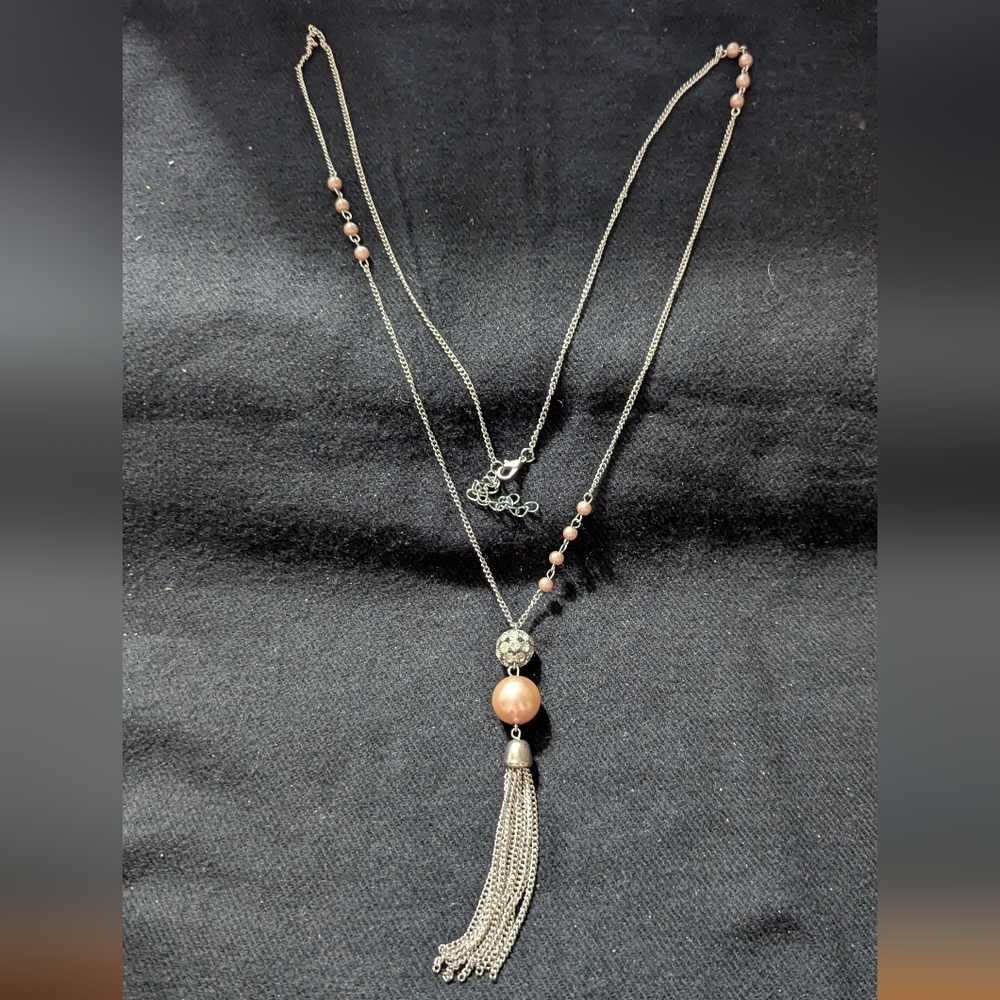 Silver Tone Clear Rhinestone Cream Faux Pearl Beaded Tassel Chain Necklace